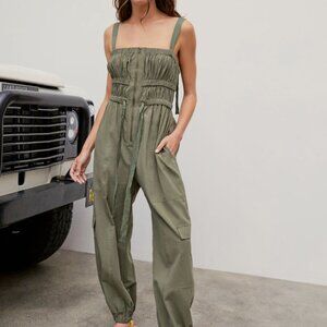 Square Neck Shirred Green Jogger Jumpsuit Size S